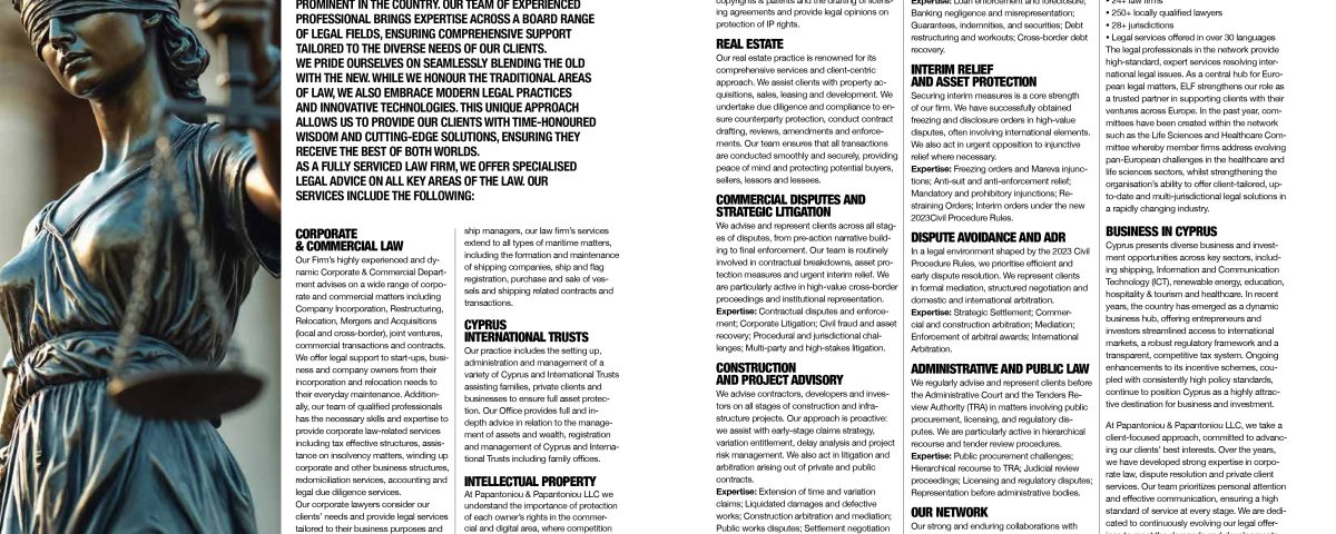 Papantoniou & Papantoniou LLC law firm profile highlighting legal services in dispute resolution, corporate law, real estate, trusts, intellectual property and commercial litigation in Cyprus.