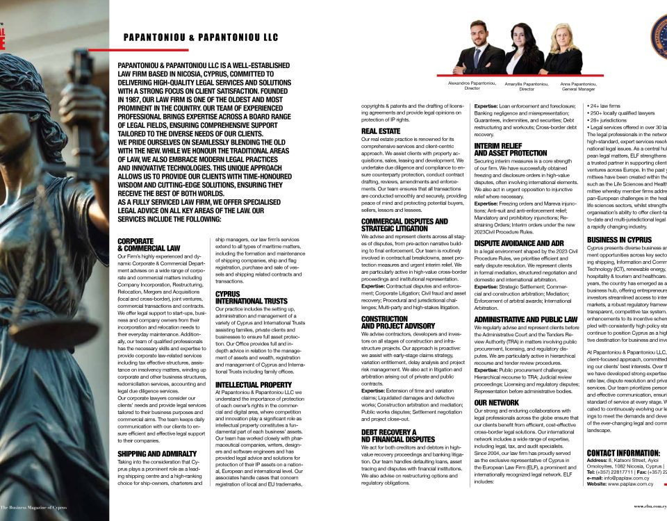 Papantoniou & Papantoniou LLC law firm profile highlighting legal services in dispute resolution, corporate law, real estate, trusts, intellectual property and commercial litigation in Cyprus.