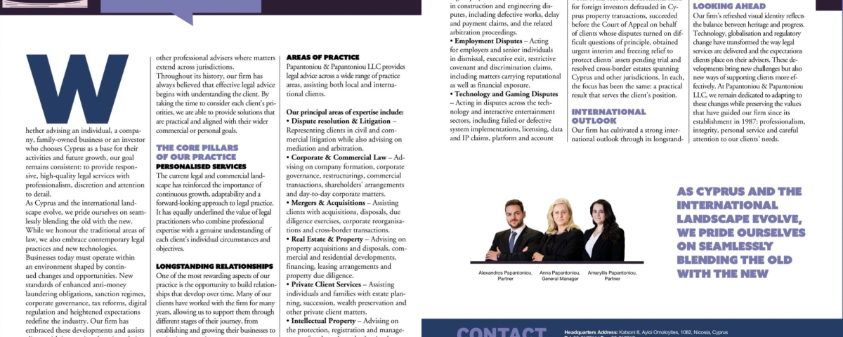 Papantoniou & Papantoniou LLC feature in Gold Magazine Legal Issue 2026