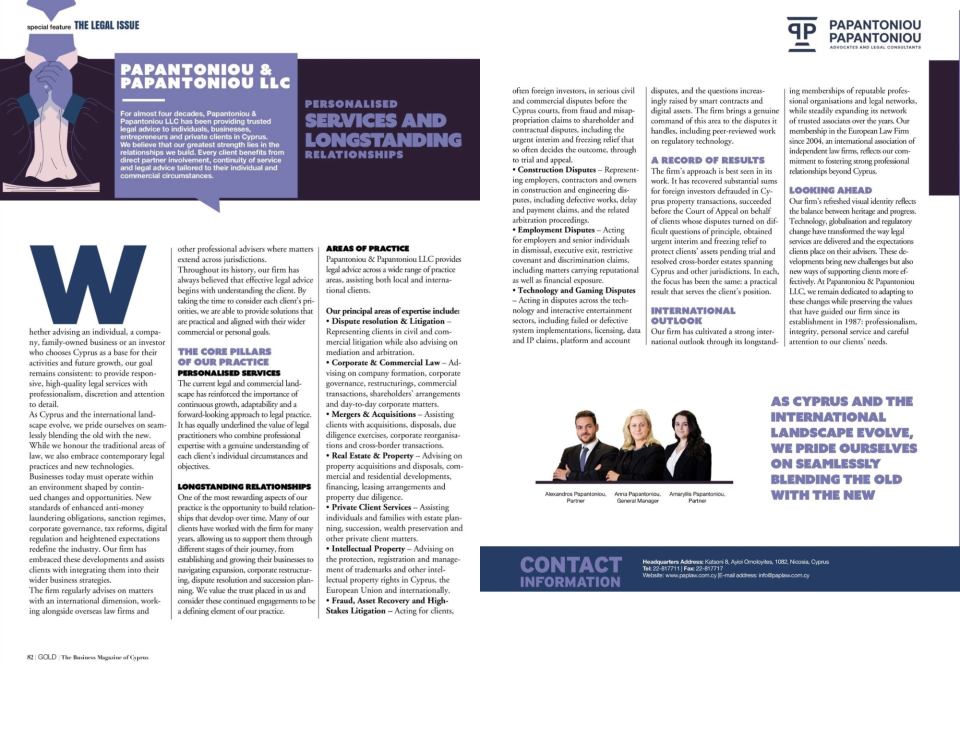 Papantoniou & Papantoniou LLC feature in Gold Magazine Legal Issue 2026