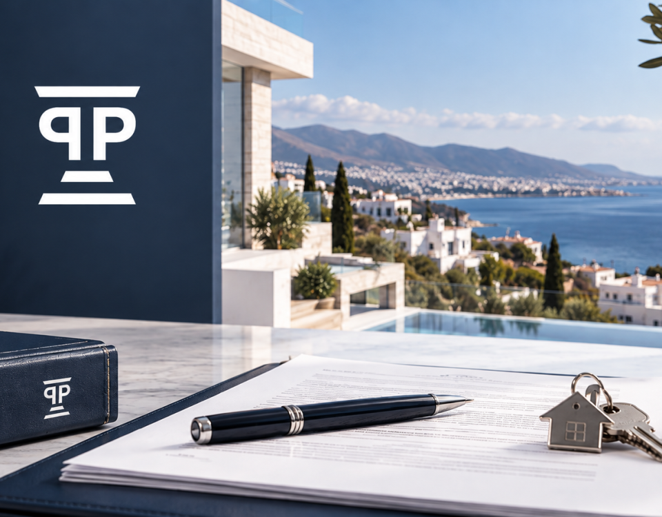 Buying property in Cyprus with sale contract, house keys and Papantoniou & Papantoniou LLC branding